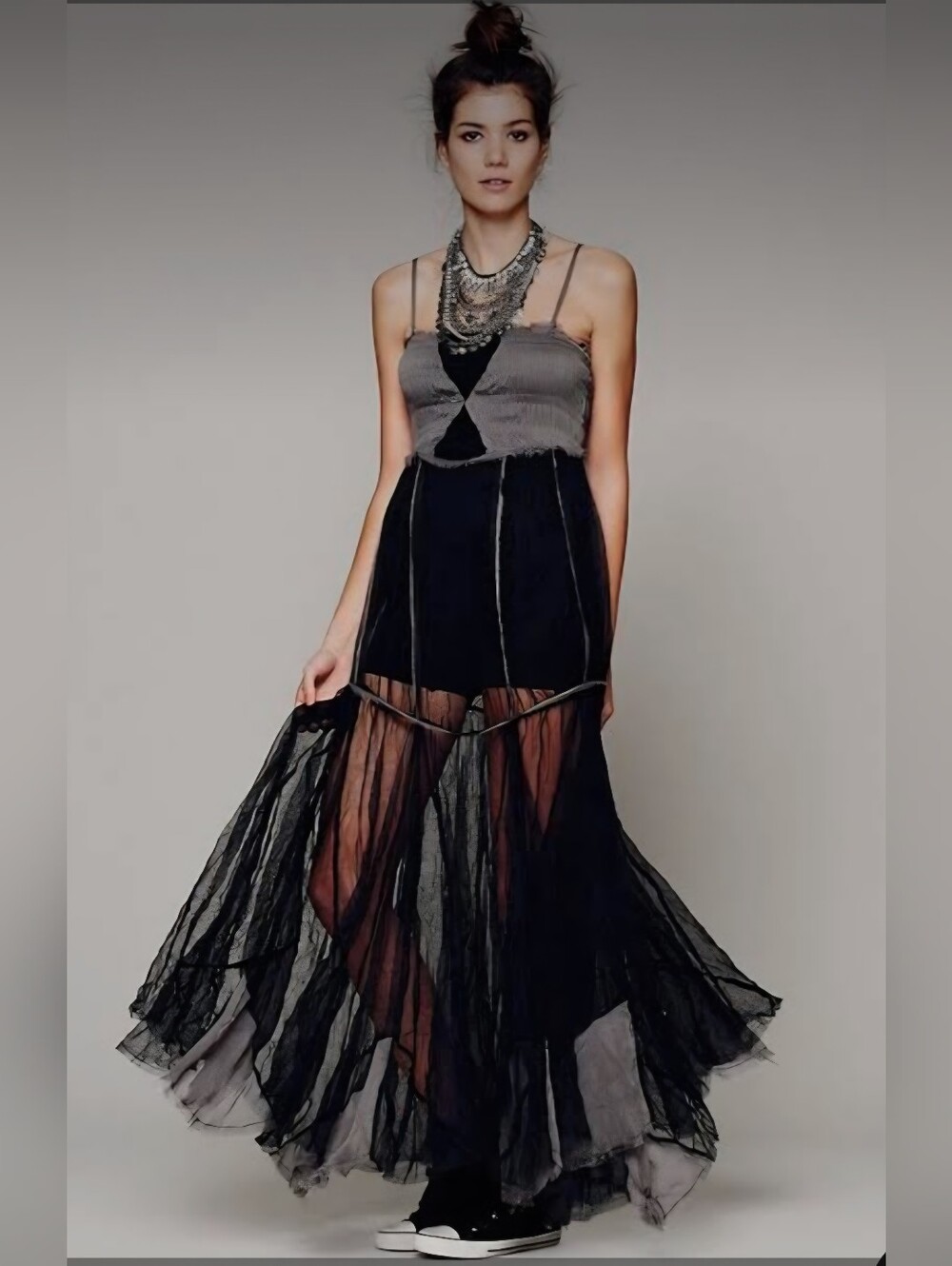 Free People Black & Gray Sheer Layered Maxi Dress